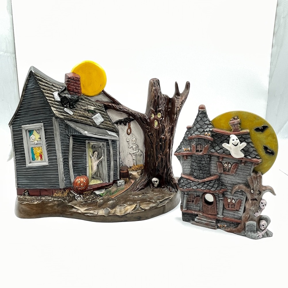 Vintage Halloween Ceramic Haunted House Set 2 Piece Spooky Village Decor